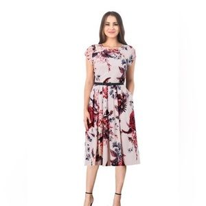 Pleat neck belted floral dot print crepe dress